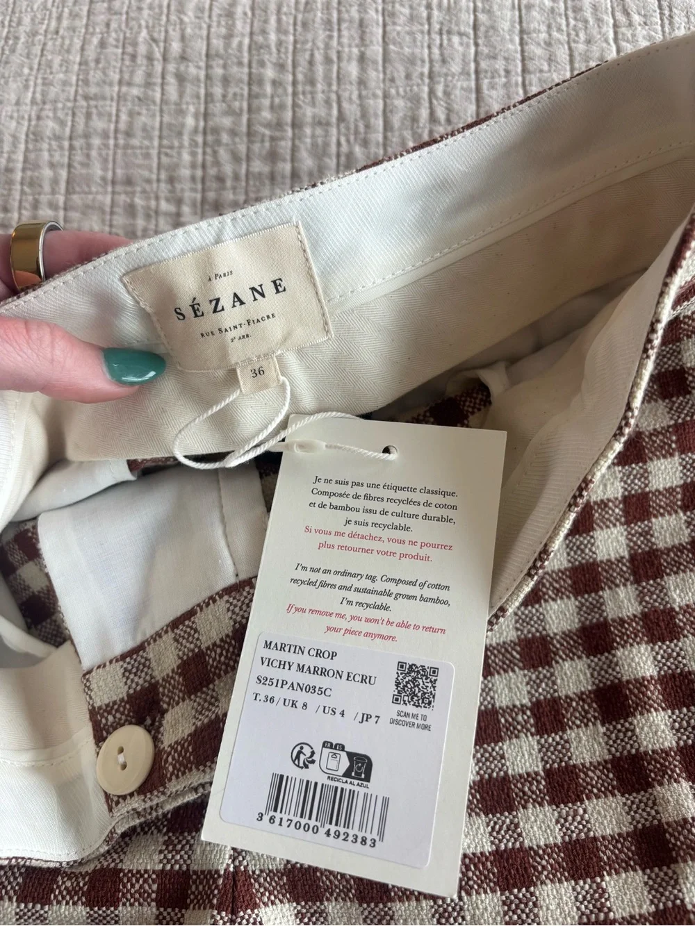 NWT Sézane Martin Crop Trousers in Brown/Ecru Gingham Size 4/36